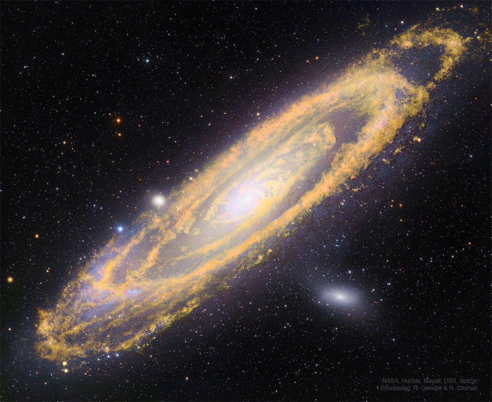 The featured image shows M31, the Andromeda Galaxy, in
both infrared light, colored orange, and visible light, colored 
white and blue. 
Please see the explanation for more detailed information.