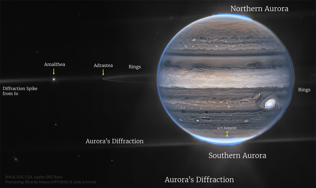 The featured image shows Jupiter in infrared light as captured
by the James Webb Space Telescope. Visible in unusually dark colors
are Jupiter's clouds including the Great Red Spot, a ring, 
several moons, and bright aurora.
Please see the explanation for more detailed information.