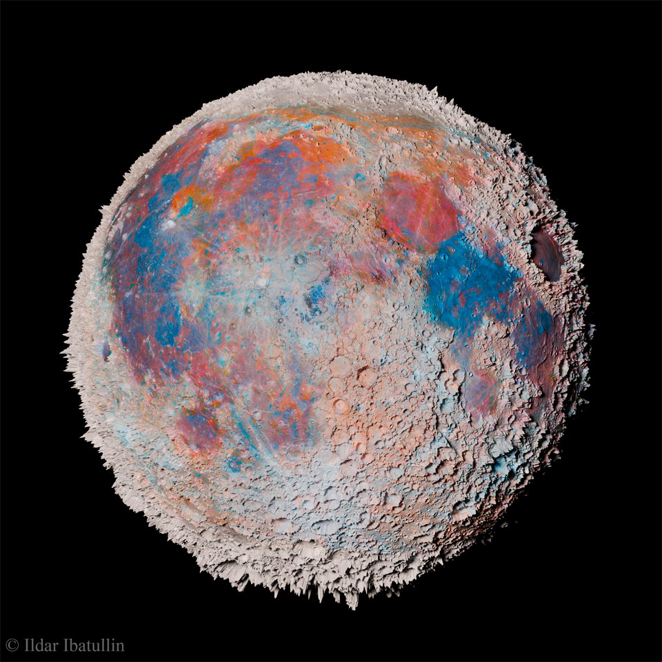 Earth's Moon is shown with the heights of surface
features all greatly exaggerated. Also, the colors of the
Moon have been exaggerated so areas of blue and red are
more easily seen. 
Please see the explanation for more detailed information.