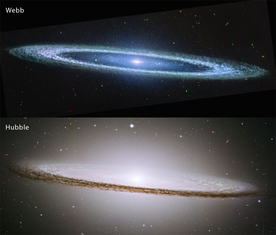 The top panel shows a flat ring with a bright center
in blue, even though it was taken in near infrared light.
The bottom panel shows the same galaxy in visible light
and shows a brighter and more expansive center against
which the flat ring appears dark. 
Please see the explanation for more detailed information.